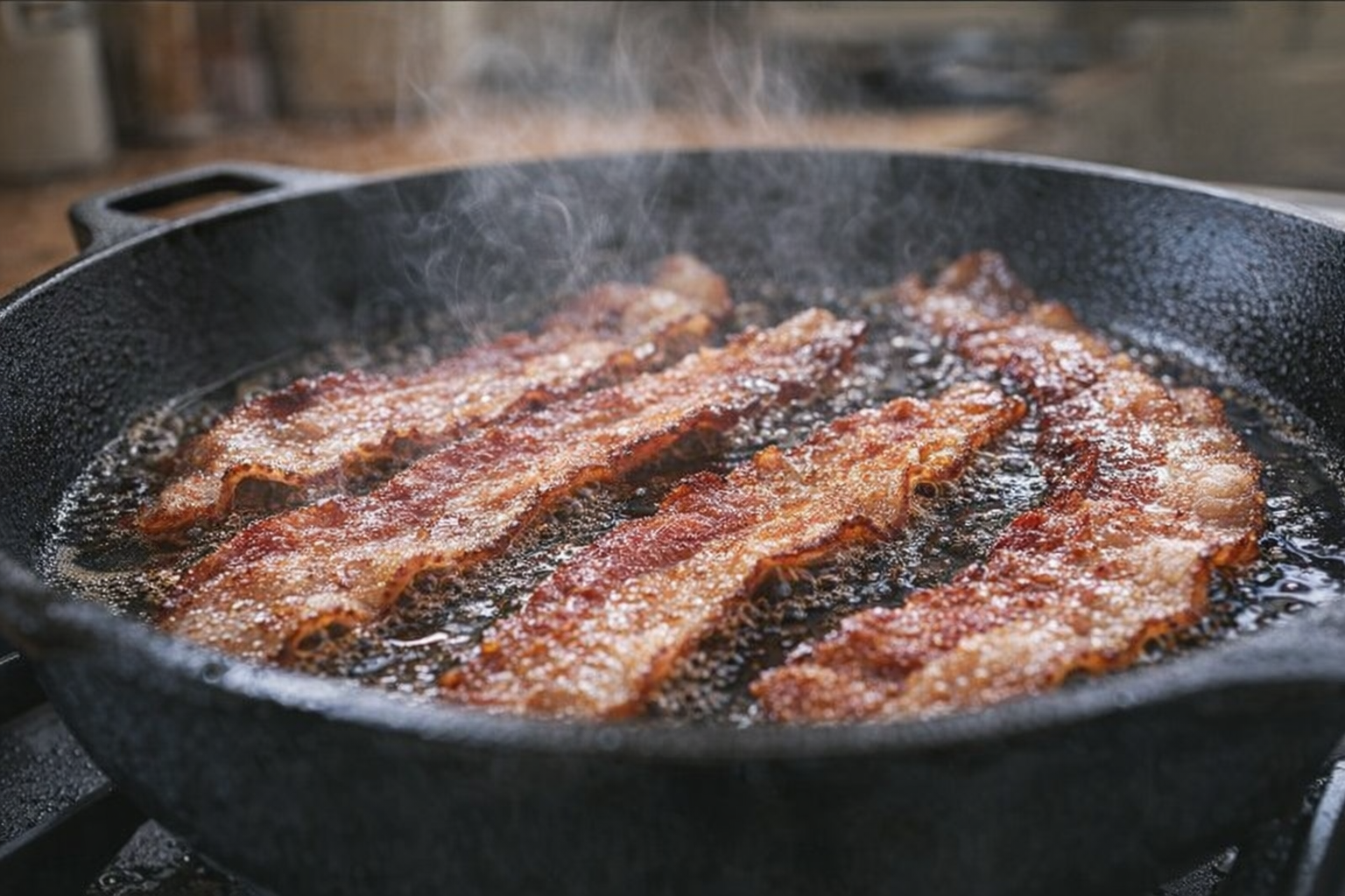 A close-up action shot of bacon strips sizzling in a cast iron skillet, fat rendering, golden brown color, steam rising